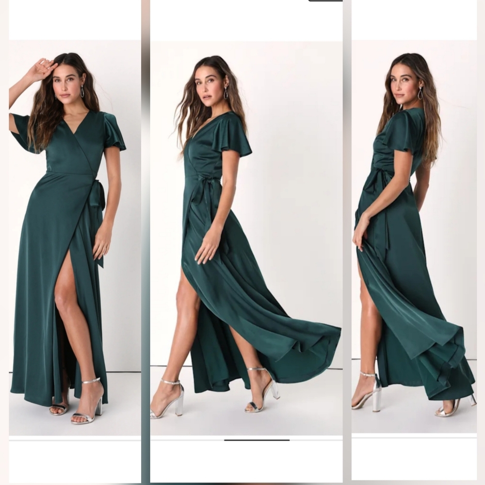 Lulus Effortless Enchantment Green Satin Surplice Wrap Maxi Dress
